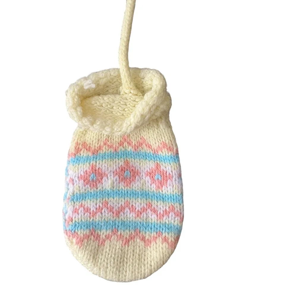 Baby Infant Knit Mittens Pastel Yellow Pink Blue Connected String Gloves Vintage